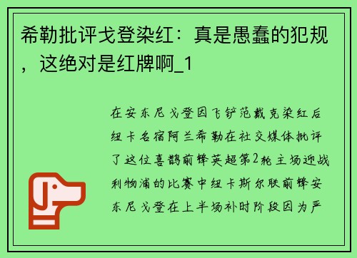 希勒批评戈登染红：真是愚蠢的犯规，这绝对是红牌啊_1